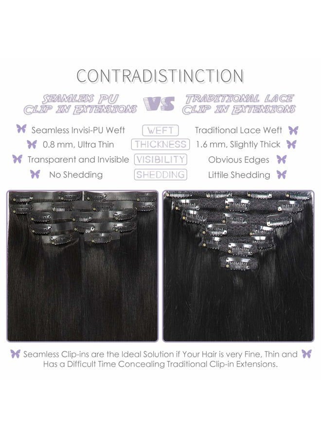 Lacer Hair Seamless Hair Extensions #1 Off Black Ultra Thin Double Weft PU Invisible Clip in Hair Extensions Remy Human Hair Clip in 7pcs 110g 14 Inch - Image 3