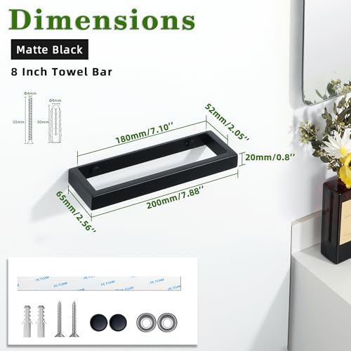 Alise Bath Towel Bar,Wall Mount Towel Holder Towel Rack Towel Hanger for Bathroom Lavatory,8 Inch SUS304 Stainless Steel Towel Rail,Matte Black GJF020-B - Image 2