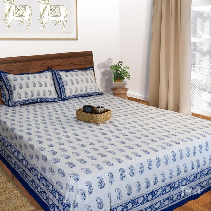 HAND BLOCK PRINTED BEDSHEET PURE COTTON DOUBLE BED QUEEN SIZE 90X108 210 TC BEDSHEETS INCLUDES 2 PILLOW COVERS BEAUTIFUL BLUE PAAN