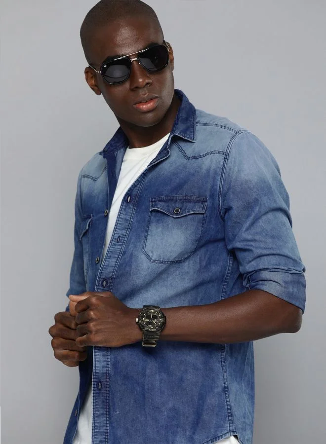 The Indian Garage Co Men Slim Fit Solid Full Sleeves Cutaway Collar Double Flap Pocket Casual Denim Shirt