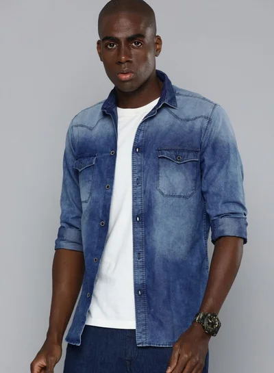 شركة المرآب الهندية Men Slim Fit Solid Full Sleeves Cutaway Collar Double Flap Pocket Casual Denim Shirt
