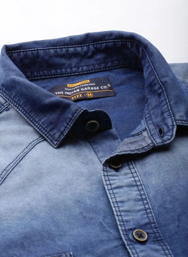The Indian Garage Co Men Slim Fit Solid Full Sleeves Cutaway Collar Double Flap Pocket Casual Denim Shirt