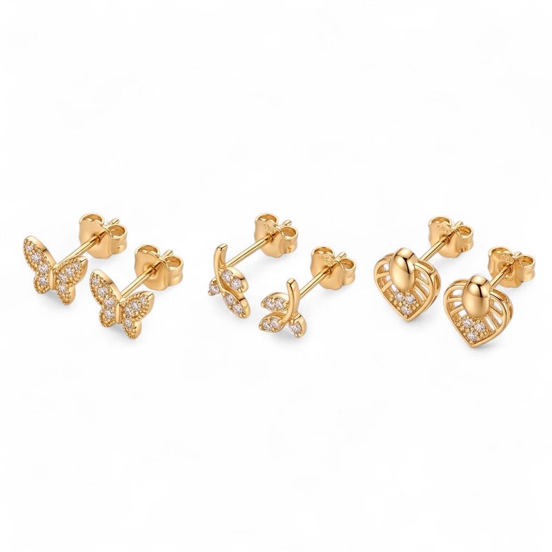 A set of 3 pairs of stud earrings in enchanting designs (butterfly, delicate branch, and sparkling heart) adorned with brilliant cubic zirconia stones. Shine with everyday versatility that combines luxury and elegance! - Image 1
