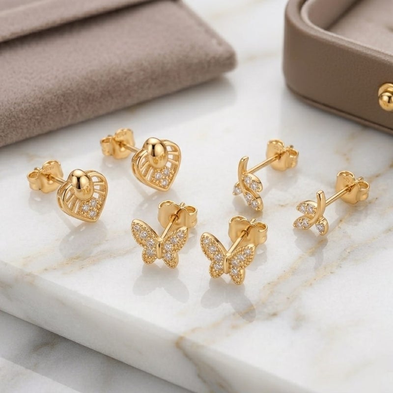 A set of 3 pairs of stud earrings in enchanting designs (butterfly, delicate branch, and sparkling heart) adorned with brilliant cubic zirconia stones. Shine with everyday versatility that combines luxury and elegance! - Image 5
