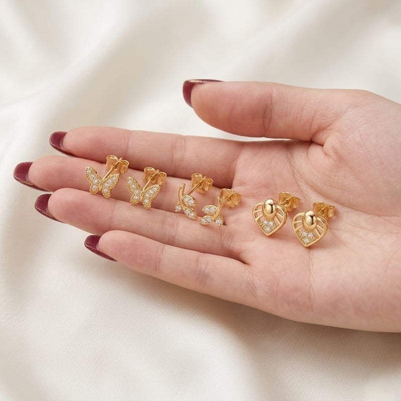 A set of 3 pairs of stud earrings in enchanting designs (butterfly, delicate branch, and sparkling heart) adorned with brilliant cubic zirconia stones. Shine with everyday versatility that combines luxury and elegance! - Image 4