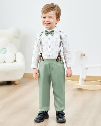 ZOEREA Toddler Baby Boy Suit Clothes Gentleman Wedding Outfits Long Sleeves Dress Shirt Suspender Pants Bowtie Green 34T - Image 3