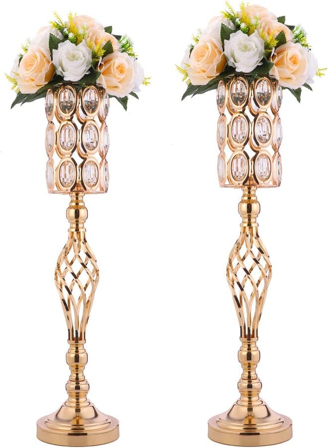 LANLONG 2pcs Gold Vases for Wedding Centerpieces for Tables, 24in Metal Diamond Crystal Flower Stand for Wedding Decorations for Reception Party Dining Room Living Room Decor - Image 1