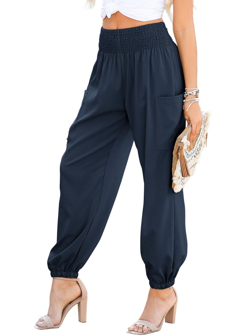 Dokotoo Women's Summer Boho Pants Long High Waisted Business Casual Dressy Trousers Baggy Parachute Leggings Outfits with Pockets,Jungle Green Medium,Navy Blue Medium - Image 1