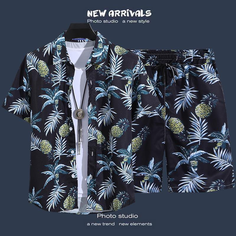 Beach Flower Shirt Men'S Hawaiian Short Sleeve Loose Summer Thin Fashion Casual Men'S Suit Two-Piece Shirt - Image 1