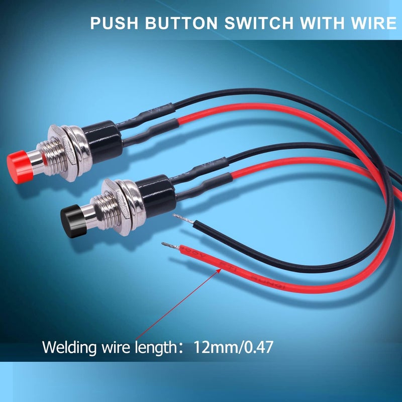 Twidec /10PCS 3V-6V-12V-24V-250V Momentary Push Button Switch 2 Pins ON/Off SPST 7mm Black and Red Normal Open 1A Mini Round Button Switch with Pre-soldered Wires PBS-110-XBKR - Image 2