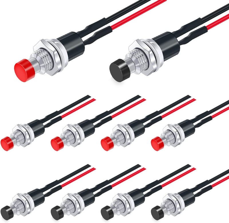 Twidec /10PCS 3V-6V-12V-24V-250V Momentary Push Button Switch 2 Pins ON/Off SPST 7mm Black and Red Normal Open 1A Mini Round Button Switch with Pre-soldered Wires PBS-110-XBKR - Image 1