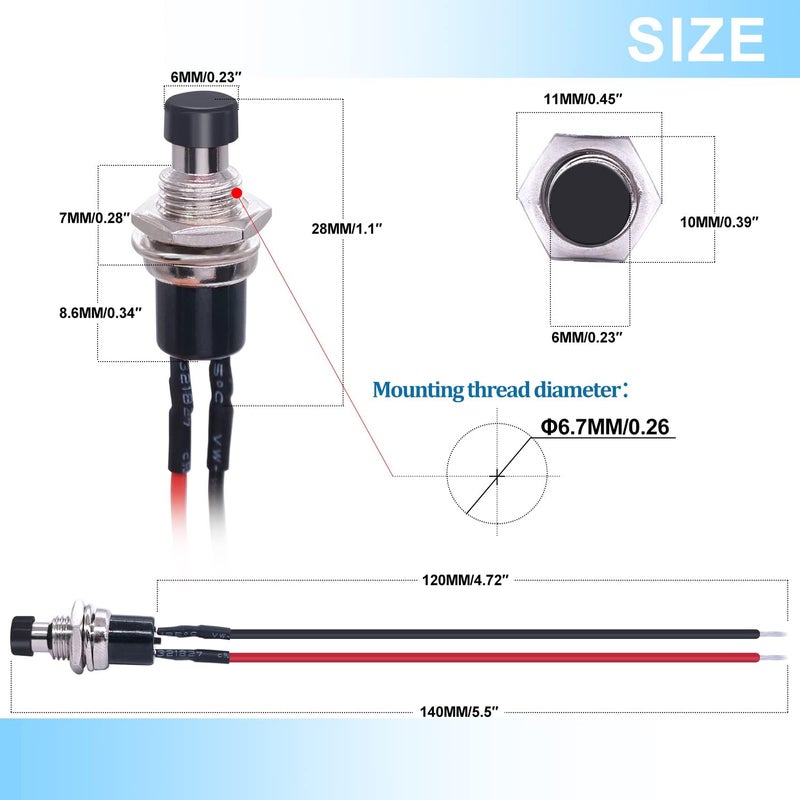 Twidec /10PCS 3V-6V-12V-24V-250V Momentary Push Button Switch 2 Pins ON/Off SPST 7mm Black and Red Normal Open 1A Mini Round Button Switch with Pre-soldered Wires PBS-110-XBKR - Image 3