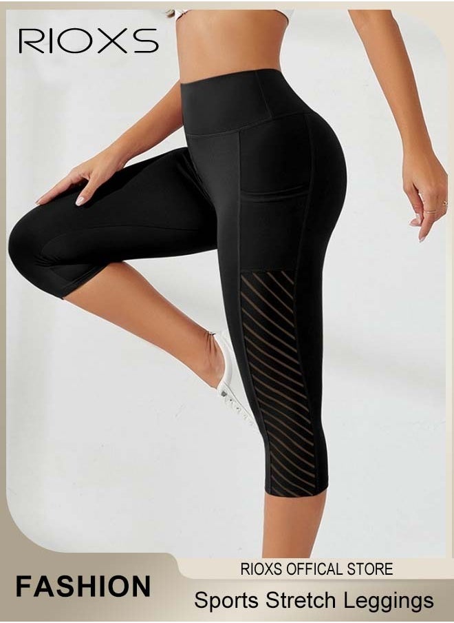 RIOXS Women's High Waisted Yoga Pants,Stretch Capri Leggings With Side Pockets,Workout Tummy Control Leggings For Sports Gym Yoga Tights,Skinny Leggings For Women Ladies Running  - Image 4