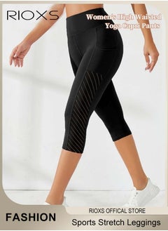 RIOXS Women's High Waisted Yoga Pants,Stretch Capri Leggings With Side Pockets,Workout Tummy Control Leggings For Sports Gym Yoga Tights,Skinny Leggings For Women Ladies Running  - Image 2