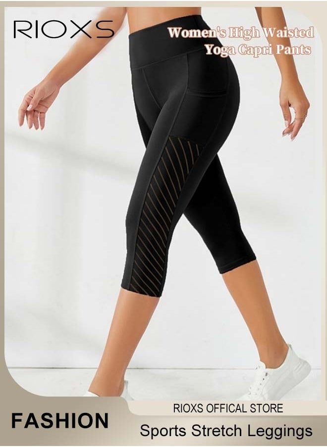RIOXS Women's High Waisted Yoga Pants,Stretch Capri Leggings With Side Pockets,Workout Tummy Control Leggings For Sports Gym Yoga Tights,Skinny Leggings For Women Ladies Running  - Image 2
