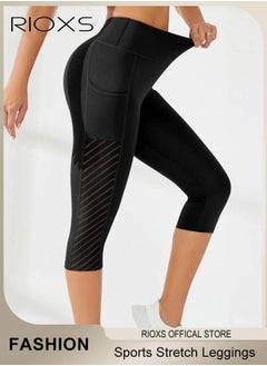 RIOXS Women's High Waisted Yoga Pants,Stretch Capri Leggings With Side Pockets,Workout Tummy Control Leggings For Sports Gym Yoga Tights,Skinny Leggings For Women Ladies Running  - Image 3