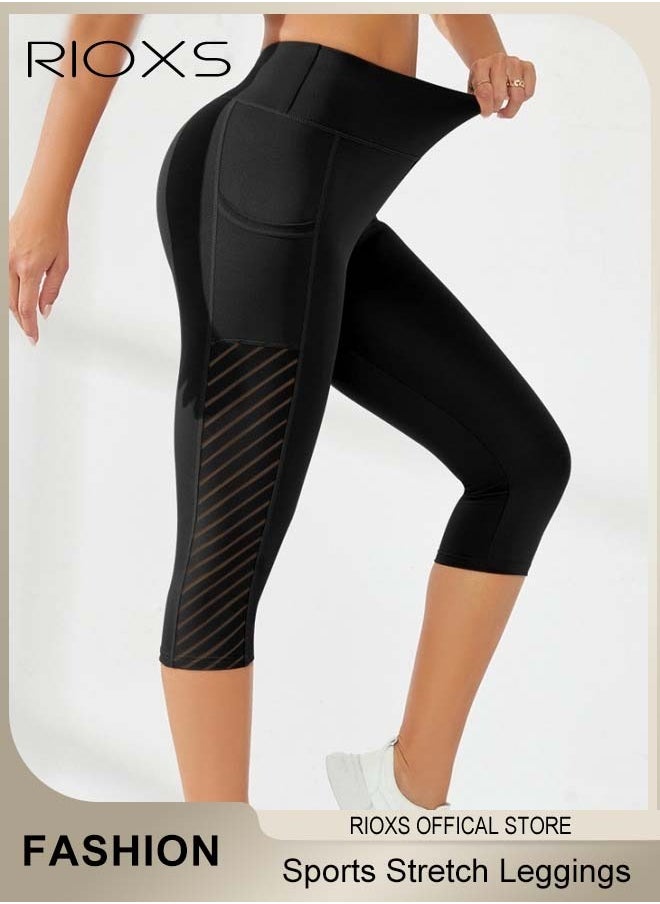 RIOXS Women's High Waisted Yoga Pants,Stretch Capri Leggings With Side Pockets,Workout Tummy Control Leggings For Sports Gym Yoga Tights,Skinny Leggings For Women Ladies Running  - Image 3