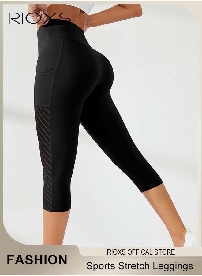 RIOXS Women's High Waisted Yoga Pants,Stretch Capri Leggings With Side Pockets,Workout Tummy Control Leggings For Sports Gym Yoga Tights,Skinny Leggings For Women Ladies Running  - Image 5