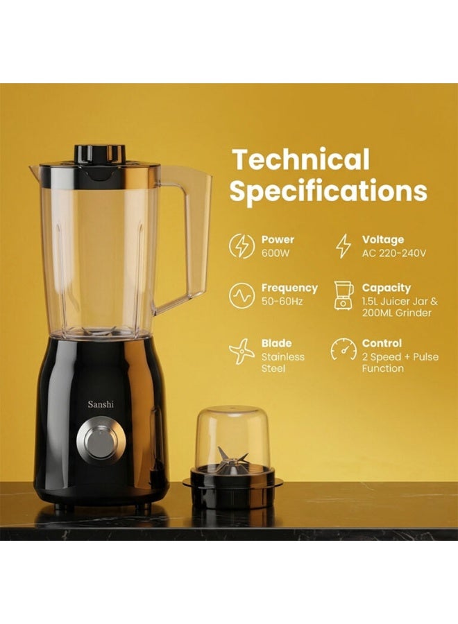 Saachi 2-in-1 Blender & Grinder NL-BL-4415, 600W, 1.5L Jar + 200ml Grinder, 2 Speed with Pulse, Stainless Steel Blades, Low Noise, Safety Lock, Overheat Protection 300 W NL-BL-4415-BK Black - Image 4