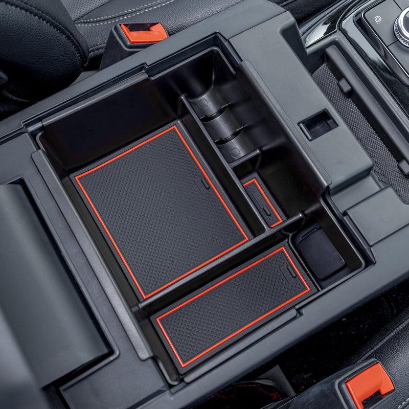 TOPINSTALL 2020-2026 Ford Explorer Console Organizer Tray - Compatible with 2020+ Ford Explorer Deep Armrest Storage Box with Coin Holder & Non-Slip Mats, Red Interior 6th Gen Explorer Accessories - Image 5