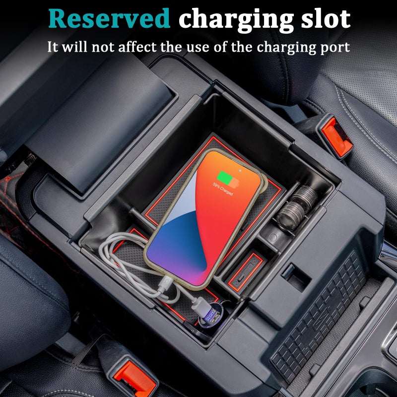 TOPINSTALL 2020-2026 Ford Explorer Console Organizer Tray - Compatible with 2020+ Ford Explorer Deep Armrest Storage Box with Coin Holder & Non-Slip Mats, Red Interior 6th Gen Explorer Accessories - Image 3