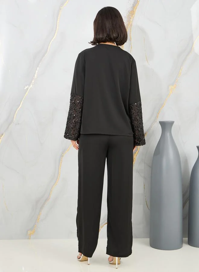 Styli Sequin Detail Sleeves Shirt and Wide Leg Pant Set