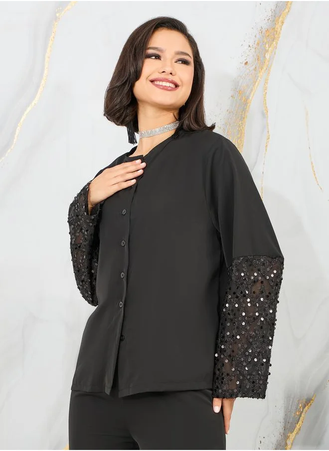 Styli Sequin Detail Sleeves Shirt and Wide Leg Pant Set