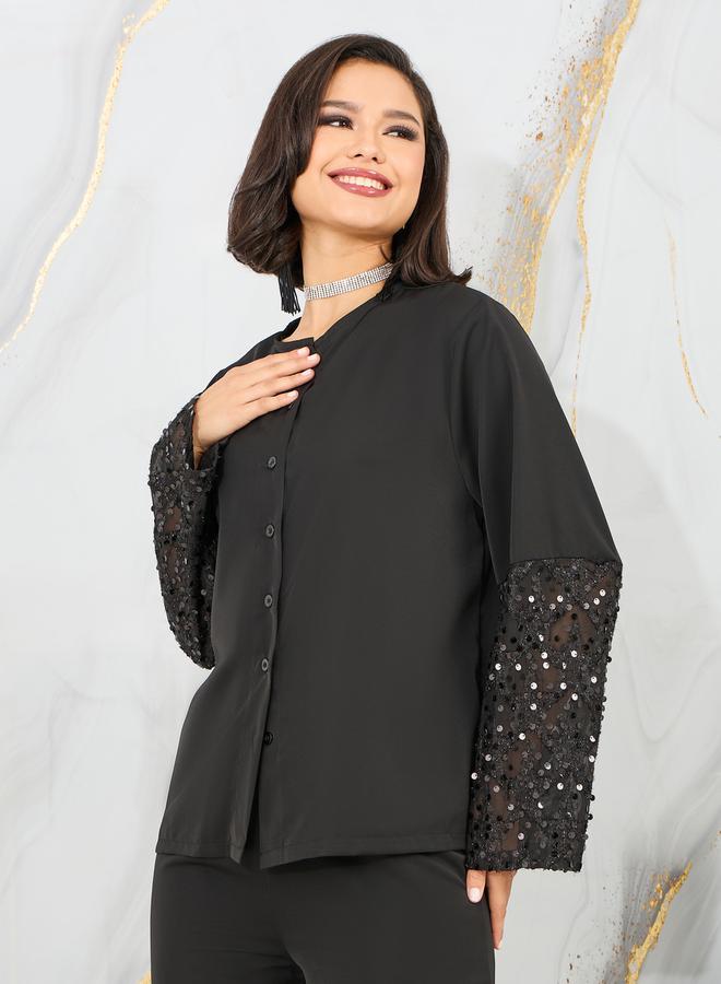 Styli Sequin Detail Sleeves Shirt and Wide Leg Pant Set  - Image 2