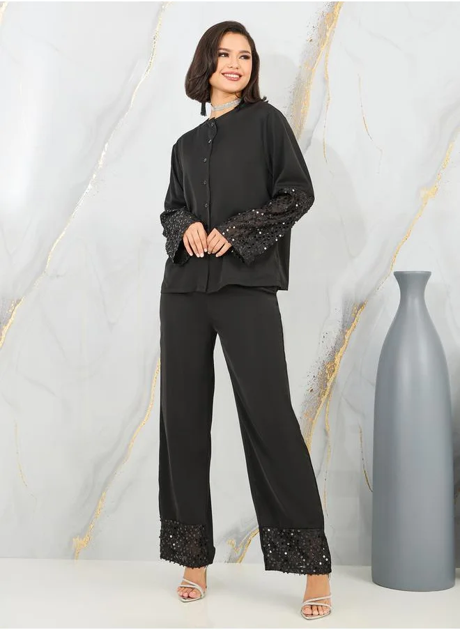 ستايلي Sequin Detail Sleeves Shirt and Wide Leg Pant Set