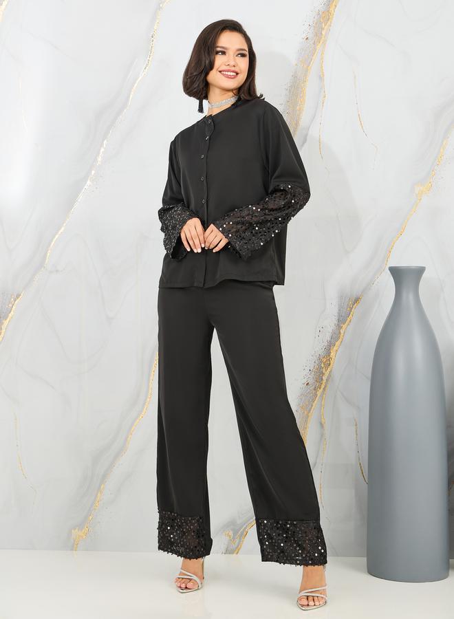 Styli Sequin Detail Sleeves Shirt and Wide Leg Pant Set  - Image 1