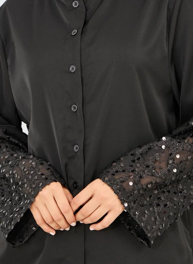 Styli Sequin Detail Sleeves Shirt and Wide Leg Pant Set