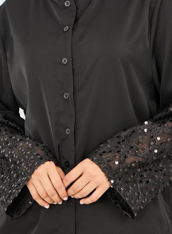 Styli Sequin Detail Sleeves Shirt and Wide Leg Pant Set  - Image 3