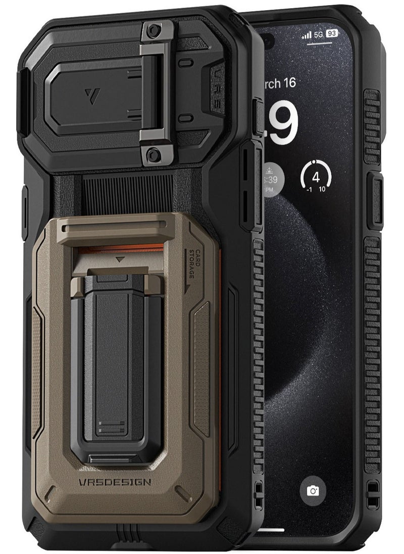VRS Design D-Wallet Origin iPhone 15 PRO Case Cover Wallet with Semi Automatic Credit Card Holder Slot [3 Cards] & Camera Lens Protector Kickstand - Sahara Khaki  - Image 1