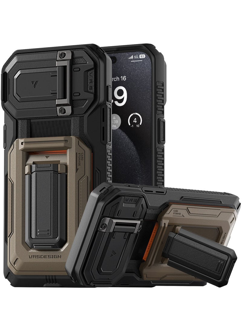 VRS Design D-Wallet Origin iPhone 15 PRO Case Cover Wallet with Semi Automatic Credit Card Holder Slot [3 Cards] & Camera Lens Protector Kickstand - Sahara Khaki  - Image 2