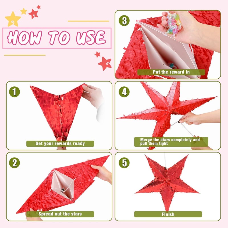 Civaner 3 Pcs Foil Star Piata with a Blindfold and Bat for Kids Red Foldable Small Festive Star Piata for Toddlers Birthday Girl Boys Adults Anniversary Baby Shower - Image 3