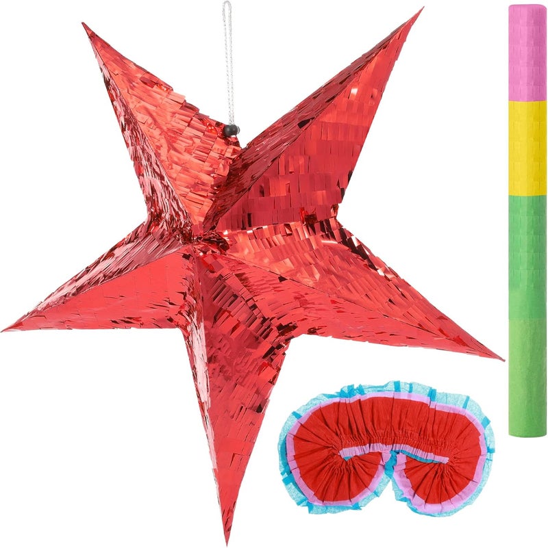 Civaner 3 Pcs Foil Star Piata with a Blindfold and Bat for Kids Red Foldable Small Festive Star Piata for Toddlers Birthday Girl Boys Adults Anniversary Baby Shower - Image 1