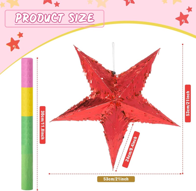 Civaner 3 Pcs Foil Star Piata with a Blindfold and Bat for Kids Red Foldable Small Festive Star Piata for Toddlers Birthday Girl Boys Adults Anniversary Baby Shower - Image 2
