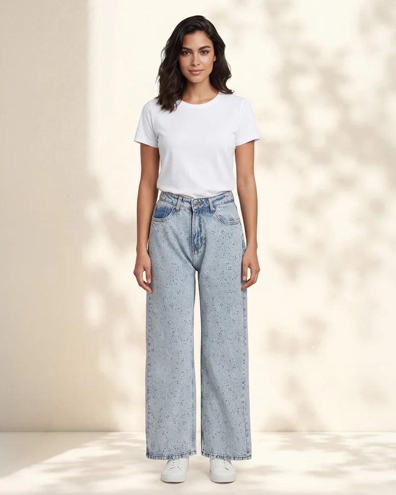 Redtag Women Blue Wide Leg Beadstone Embellished Jeans