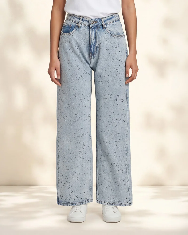 Redtag Women Blue Wide Leg Beadstone Embellished Jeans