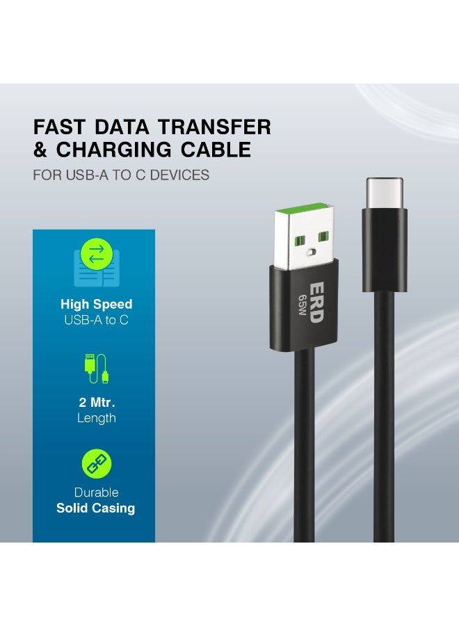 ERD كابل بيانات USB-C ERD UCE-711 65W للشحن السريع | تصميم مضفر متين | متوافق مع أجهزة متعددة | طول 2م | شحن سريع للهواتف والأجهزة اللوحية وأجهزة الكمبيوتر المحمولة | سرعات نقل بيانات تصل إلى 480 ميجابت في الثانية | أسود - Image 3