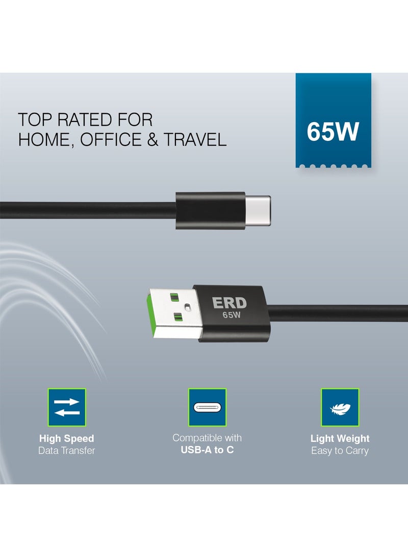 ERD كابل بيانات USB-C ERD UCE-711 65W للشحن السريع | تصميم مضفر متين | متوافق مع أجهزة متعددة | طول 2م | شحن سريع للهواتف والأجهزة اللوحية وأجهزة الكمبيوتر المحمولة | سرعات نقل بيانات تصل إلى 480 ميجابت في الثانية | أسود - Image 1
