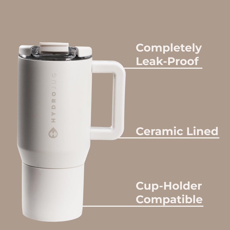 HydroJug هيدروجوج مسافر القهوة 20 أونصة - مقاوم للتسرب، كوب قهوة معزول مبطن بالسيراميك للسفر للمشروبات الساخنة أو الباردة مع غطاء قابل للطي ومقبض، آمن في غسالة الصحون، كؤوس قهوة، كتان - Image 3