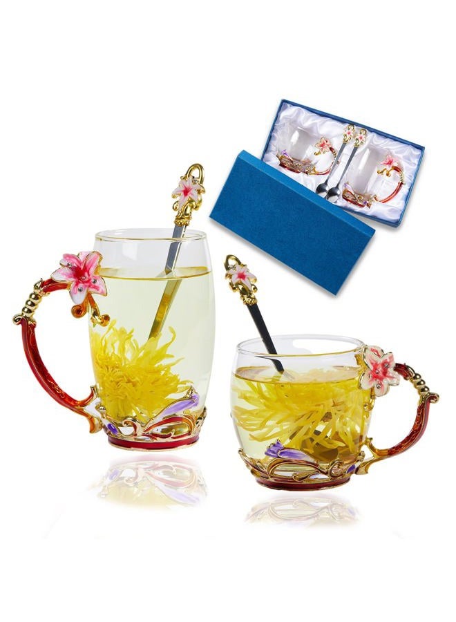 DUMVOIN Tea Cup Glass Coffee Mugs,Fancy Tea Cup Set Birthday Christmas Valentine's Day Gift Idea for Tea Lover and Women Novelty Coffee Mugs Lily Flower Enamel Tea Cup with Spoon - Image 1