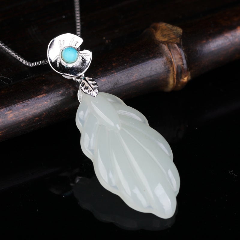 Generic National tide retro style jade jewelry women with certificate 925 sterling silver inlaid green pine buckle feather hetian jade pendant Pendant Necklace 