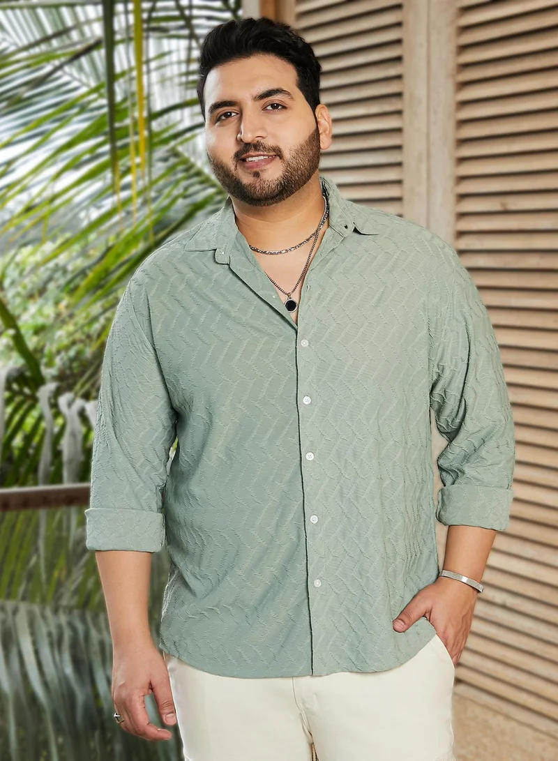 انستافاب بلس قميص رجالي أخضر بالنعناع بنقشة متعرجة ملمسية للملابس الكاجوال بياقة واسعة وأكمام طويلة بأزرار مقاس بلس بتصميم مريح للارتداء اليومي