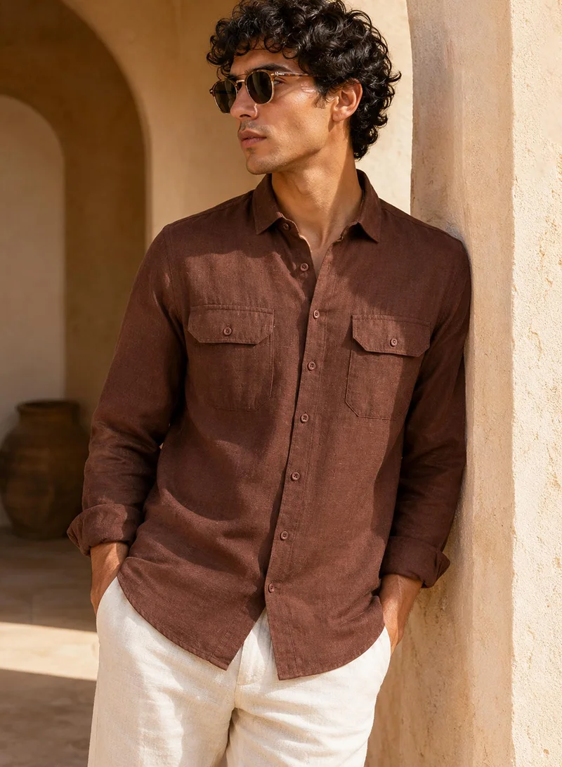CAHOOT Men's Brown Self Design Regular Shirt For Casual Wear | Collared Neck | Long Sleeve | Button Closure | Viscose Shirt Crafted With Comfort Fit For Everyday Wear