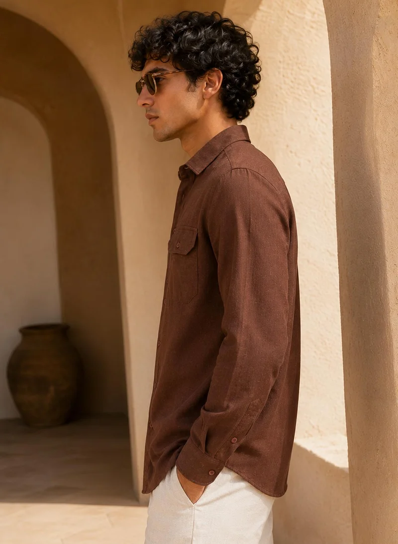CAHOOT Men's Brown Self Design Regular Shirt For Casual Wear | Collared Neck | Long Sleeve | Button Closure | Viscose Shirt Crafted With Comfort Fit For Everyday Wear