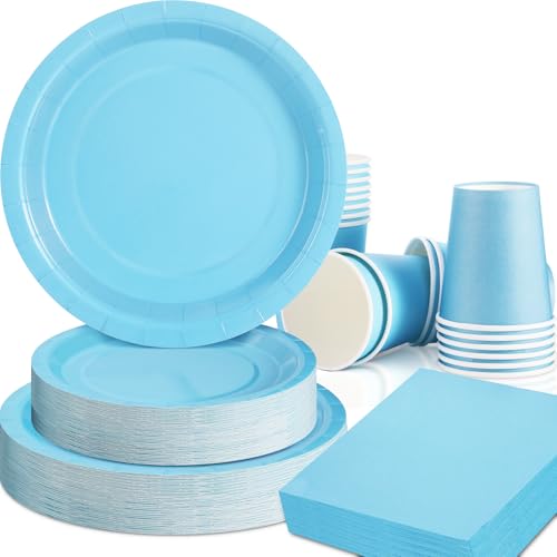 Gudvilla 200Pcs Blue Paper Plates and Napkins Cups Blue Plates and Napkins Party Supplies Boy Baby Shower Serve 50