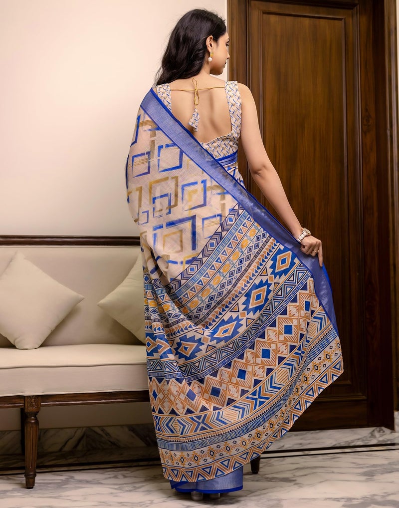 SIRIL Women's Cotton Linen Printed Ready to Wear Saree With Unstitched Blouse Piece (56RS161_Dark Blue) - Image 3