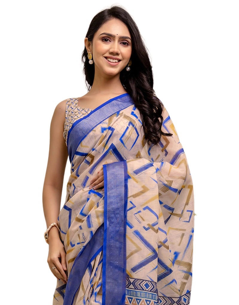 SIRIL Women's Cotton Linen Printed Ready to Wear Saree With Unstitched Blouse Piece (56RS161_Dark Blue) - Image 1
